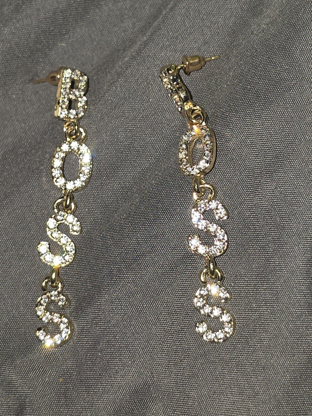 Gold-Tone 'BOSS' Crystal Drop Earrings - BNIB